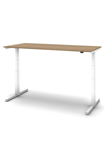 Sit/stand desk 160 x 80 cm frame in white, Top walnut.